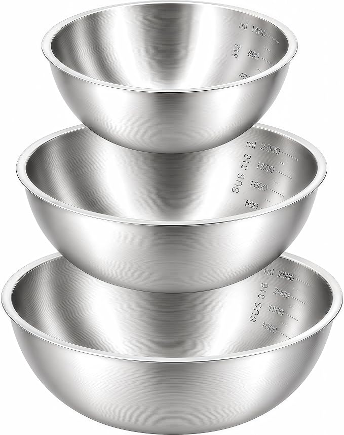 Stainless Steel Mixing Bowls Set of 3, 1.5/2.5/4 Qt Metal Mixing Bowl Set for Baking, Salad, Cooking & Meal Prep, Nesting Stainless Steel Bowls with Measurement Marks, Dishwasher Safe