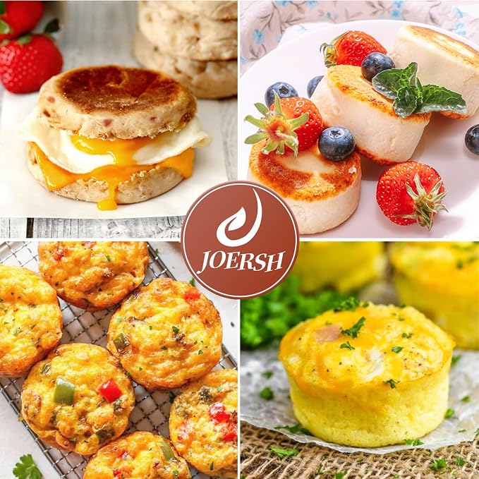 JOERSH Silicone Egg Bite Molds, 3 Inch, 2 Pack | Frittata Baking Pans, Non Stick, Round Silicone Molds, For Egg Breakfast Sandwich, English Muffin, Cheesecake, Dinner Rolls