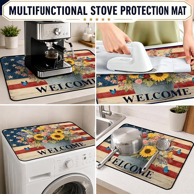 Patriotic Electric Stove Top Cover, Heat Resistant Glass Cooktop Protector for Kitchen Ceramic Countertops, Multiuse Stove Cover and Dish Drying Mat