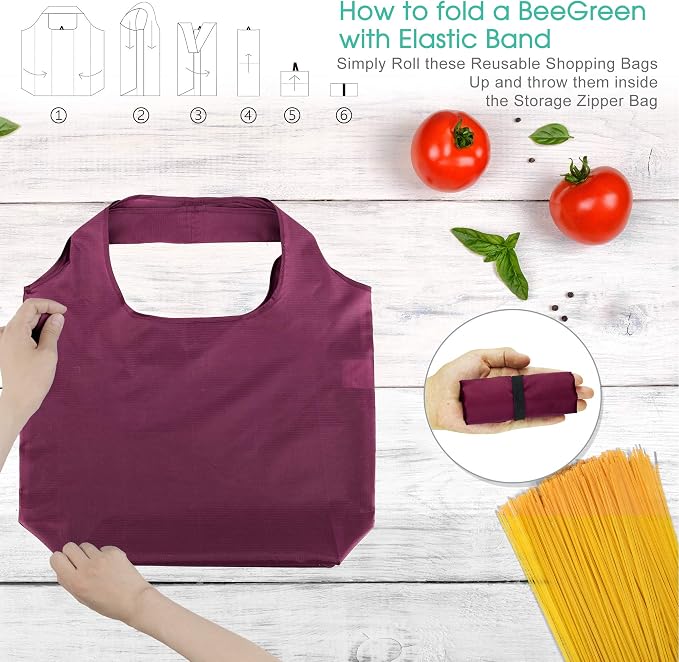 BeeGreen Burgundy Reusable Grocery Bags with Zipper Storage Pouch 10 Packs Wine Red Reusable Shopping Bags Bulk Foldable-Machine Washable