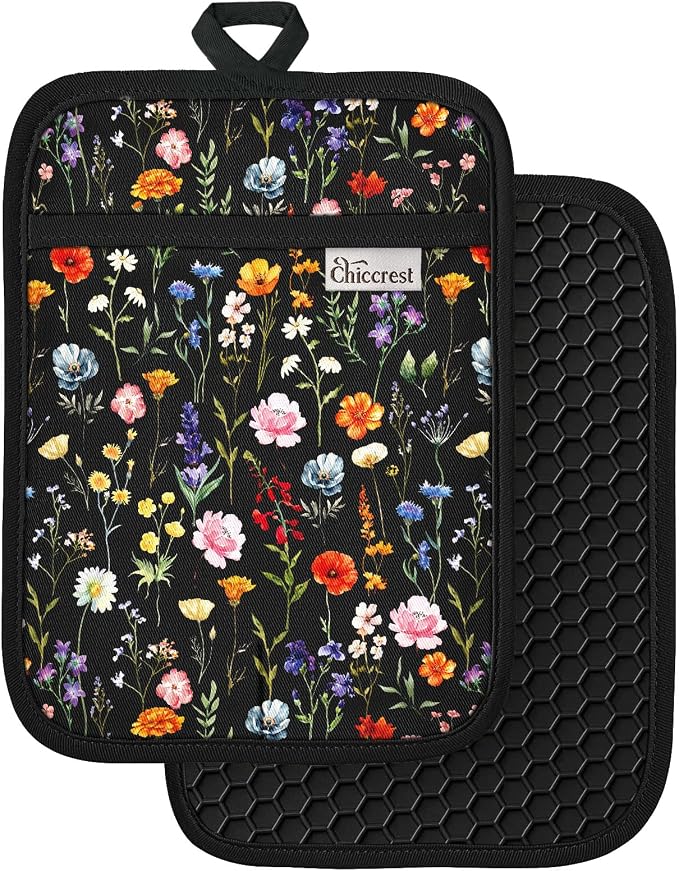 100% Cotton Pot Holders Textured Soft Silicone Black Floral | Stylish Pot Holders 2pcs, Machine Washable Non-Slip Heat Resistant Hot Pads & Oven Mitts 2-in-1, Practical Kitchen Decor