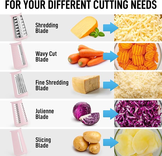 Zulay Kitchen Rotary Cheese Grater 5 Blade Cheese Shredder - Manual Hand Crank Cheese Grater With Reinforced Suction & 5 Interchangeable Drums - Easy to Use, Vegetable Chopper Round Mandoline Slicer