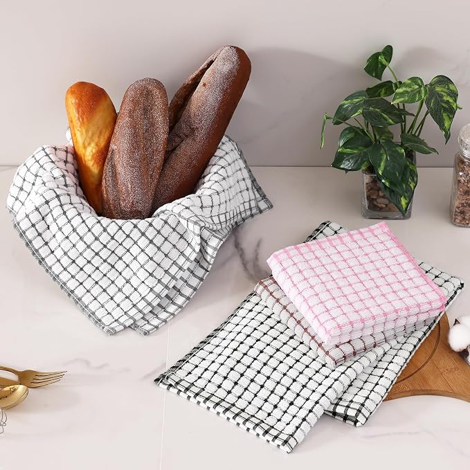 Homaxy Kitchen Towels and Dishcloths Set, Set of 8, Black/Grey/Pink/Brown | Cotton Terry Kitchen Dish Towels, Super Soft and Absorbent Dish Cloths, 16 x 25 and 12 x 12 Inches