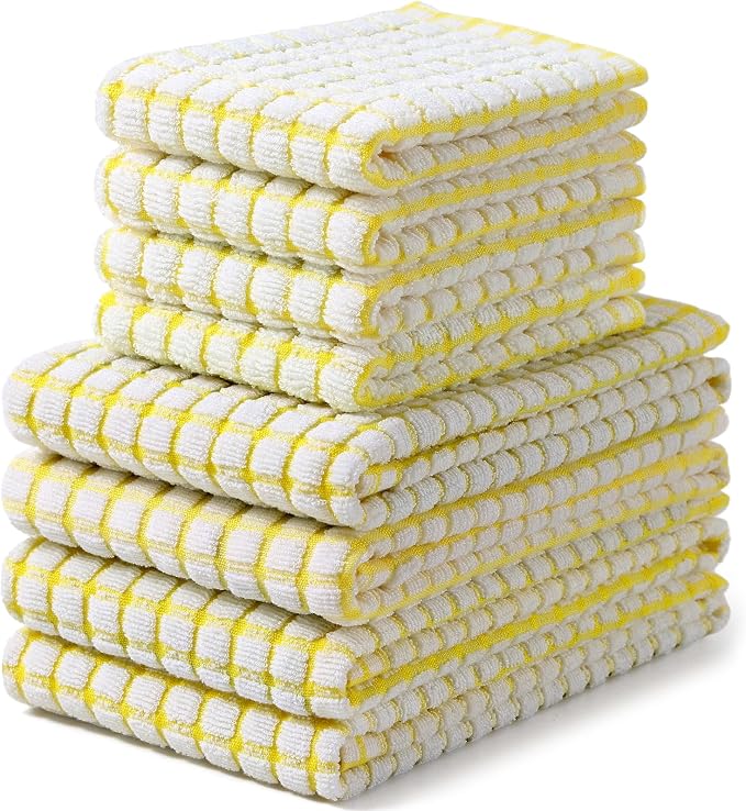 Homaxy Kitchen Towels and Dishcloths Set, Set of 8, Yellow | Cotton Terry Kitchen Dish Towels, Super Soft and Absorbent Dish Cloths, 16 x 25 and 12 x 12 Inches
