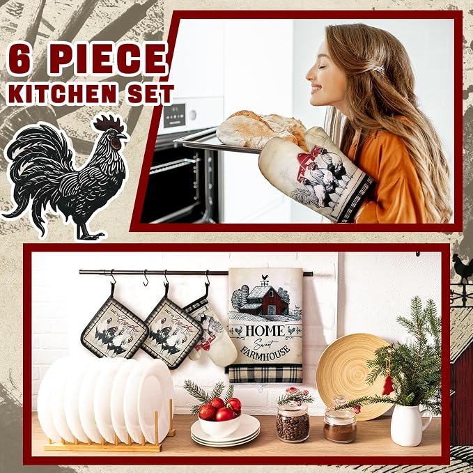 Leinuosen 6 Barn Farm Farmhouse Kitchen Decor Dish Towels Oven Mitts and Pot Holders Sets Chicken Kitchen Towels Absorbent Decorative Accessories for Cooking Baking Grilling