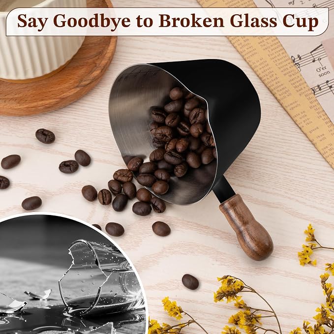 Amrules 6.8oz Espresso Measuring Cup with Wood Handle & Double Spout, Black | 18/8 Stainless Steel & Wood Handle, V-Shaped Spout for Precision Pouring, Clear Scale Markings, for Coffee, Milk, Tea & Syrup