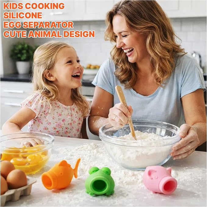Egg Yolk Separator, Food Grade Silicone, Dishwasher Safe Kitchen Gadget for Cooking/Baking. Swallow and Release Raw Egg Yolk from White, Quick & Mess-free, Pack of 3 (Pig, Fish & Frog Design)