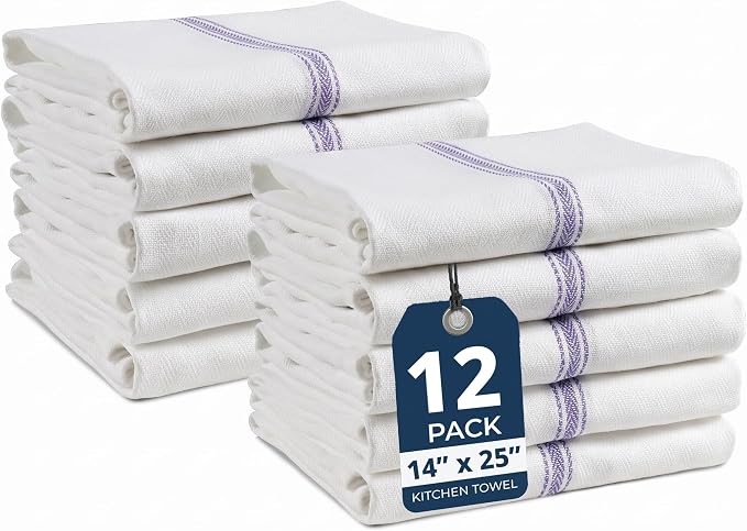 LANE LINEN Kitchen Towel Set- 12 Pack 14"x25" Dishtowels for Kitchen, Absorbent 100% Cotton Dish Drying Towels, Cleaning Cloth for Countertops, Soft & Durable, Machine Washable - Blue Stripe