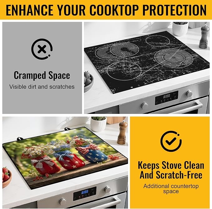 NYZE Patriotic Stove Top Covers for Electric Stove 28x20 Heat Resistant Decorative Red White Blue Stovetop Cover Decorative Flat Top Protector for Kitchen Counter | Independence Day Patriotic Jars Stovetop Protector, Glass Flat Top Cover and Dish Dryin...