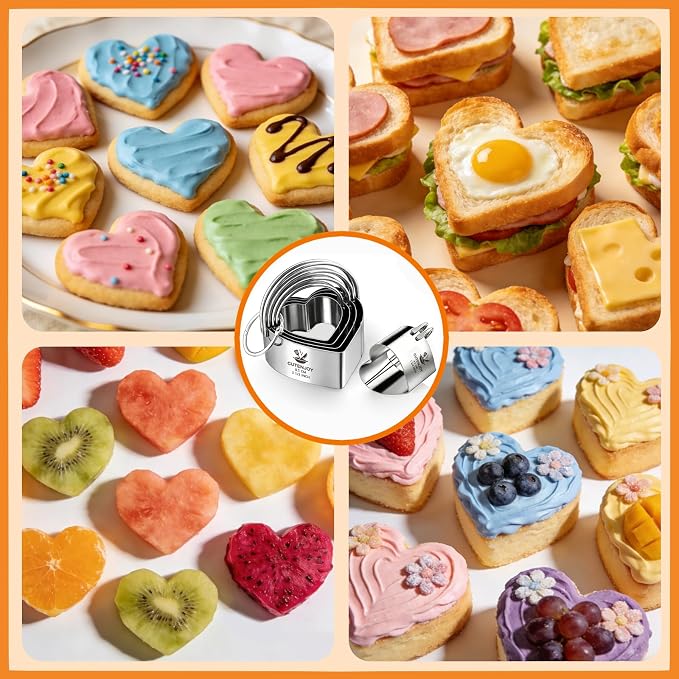 Heart Cookie Cutters, 5 Piece Biscuit Cutters with Handle | Professional Stainless Steel Baking Essential Tools for Valentine's Day, Sandwiches and Heart-Shaped Cookies