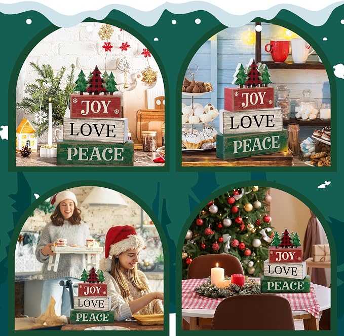 Lineshading 4 Pcs Christmas Table Decor Christmas Tree Block Signs Joy Love | Stacked Wood Signs with Plaid Trees, Rustic Farmhouse Tiered Tray Decor for Home, Distressed Finish