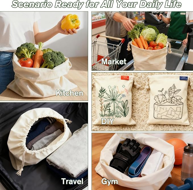 PrettyCare 15x13 Inch Reusable Cotton Storage Bags, 3-Pack Muslin Drawstring Bags for Bread, Potatoes, Onions, Produce; Biodegradable Canvas Fabric Sacks for Shoes, Laundry, Clothes, Travel Storage