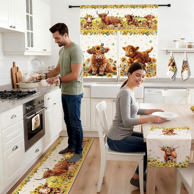 13 Pcs Farmhouse Highland Cow Kitchen Decor Set 3 Cow Kitchen Curtains Valance 2 Sunflower Rugs and Mats 4 Towels 2 Pot Holders 2 Oven Mitts for Home Decor Cooking Grilling Housewarming Gift
