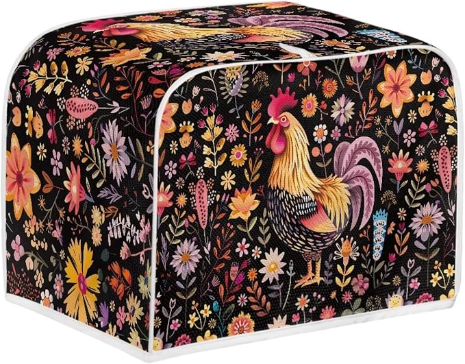 Toaster Cover, Foldable Two Slice Toaster Appliance Dust-proof Covers for Kitchen Small Appliance Dust Cover and Fingerprint Protection Home Decor, Rooster Floral Print
