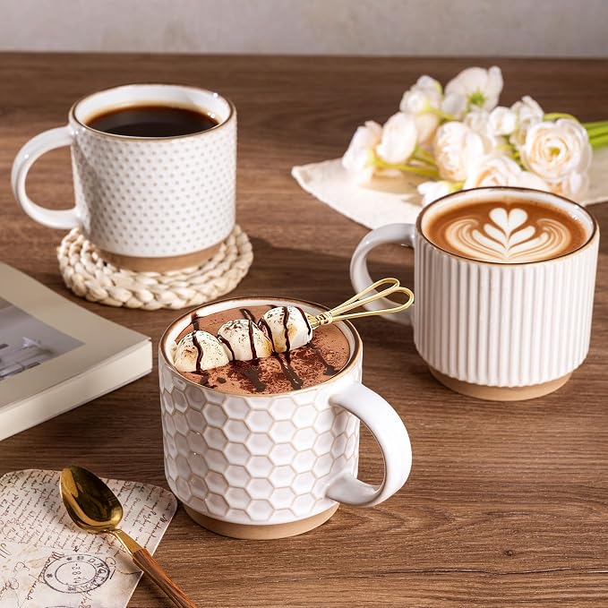 GBhome 15 OZ Stackable Coffee Mugs Set of 4, Ceramic Coffee Cups Set | 4 Assorted Designs, Embossed Mugs with Texture Patterns for Tea/Coffee, Dishwasher&Microwave Safe, Off White
