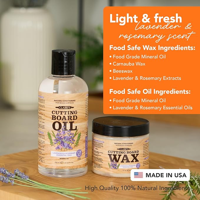 CLARK'S Cutting Board Oil & Wax Kit, Lavender Rosemary Scent - Set of 2 | Includes Food Grade Mineral Oil (12oz), Cutting Board Wax (6oz) for Cutting Boards, Butcher Blocks & Kitchen Wooden Utensils