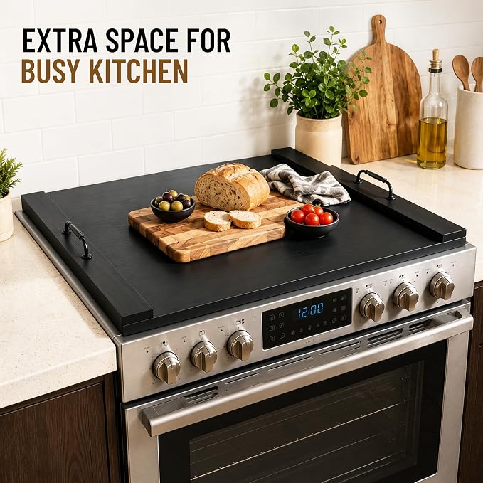 Stove Top Cover, 29.5 x 22 in Noodle Board for Electric Range and Gas Cooktop, Wooden Range Cover with Handles, Farmhouse Kitchen Decor