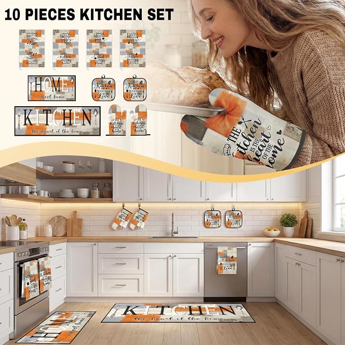 10 Pcs Kitchen Decor and Accessories Set, Orange Beige | 4 Dish Towels Kitchen Rugs 2 Oven Mitts 2 Pot Holders, Home Decor for Cooking Baking BBQ Gifts Women Mom Housewarming