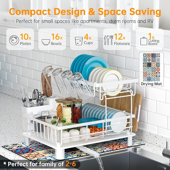 Large 2 Tier Detachable Dish Drying Rack for Kitchen Counter,White | Compact Dish Drainer, Rust-Resistant Dish Rack with Drainboard, Utensil Holder, Cup Holder for Small Space,Kitchen Organizer