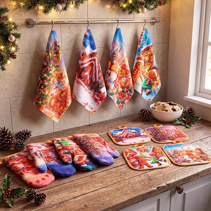Silifine 12 Pcs Christmas Oven Mitts Pot Holders Kitchen Towels Sets | Gingerbread Man Kitchen Accessories Dish Towels Potholders Resistant Glove for Cooking Baking Home Housewarming Gift
