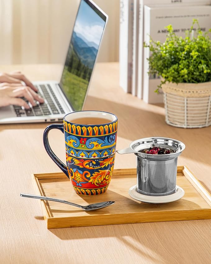 vancasso 18 Oz Tea Infuser Mug with Lid, Midnight Peacock | Eye-Catching Bohemian Pattern, Adds Charm to Any Tea Corner, Ceramic Mug with Infuser, Microwave and Dishwasher Safe