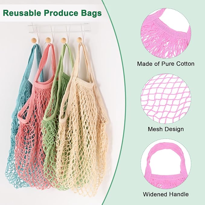 M METERXITY 1-Pack Cotton Mesh Bag, Reusable Washable Mesh Net String Grocery Bags, Reusable Produce Bags with Handle, Net Tote Bag for Fruits/Vegetables Shopping [Pink, Short Handle]