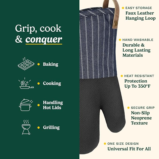 Cuisinart Heritage Kitchen Oven Mitts, Heat-Resistant, 2-Pack, 7"x13" | Non-slip neoprene palm grips up to 350°F, long cuff shields forearms, hang loop for storage, handles cast iron and grilling