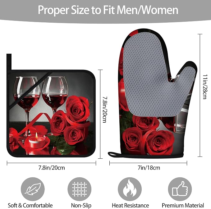 Red Wine Rose Candle Oven Mitts and Pot Holders Sets of 4 Silicone Oven Mitts Gloves Heat Resistant Non-Slip Grip Kitchen Mittens Potholders for Cooking Baking Grilling BBQ (Red)