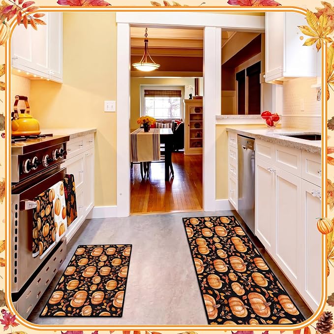 Fourluoo 10 Pcs Fall Pumpkin Kitchen Decor Set Towels Rugs Oven Mitts and Pot Holders Autumn Leaves Pumpkin Decor for Women Mom Gift Cooking Baking Grilling