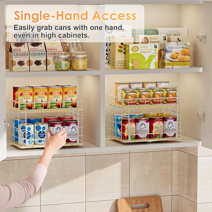 360° Rotating Lazy Susan Can Organizer for Pantry, Holds 26 Cans, White | 2-Tier Metal Wire & Wood Turntable Can Rack Holder, Storage for Canned Goods, Kitchen Pantry Cabinets & Countertops