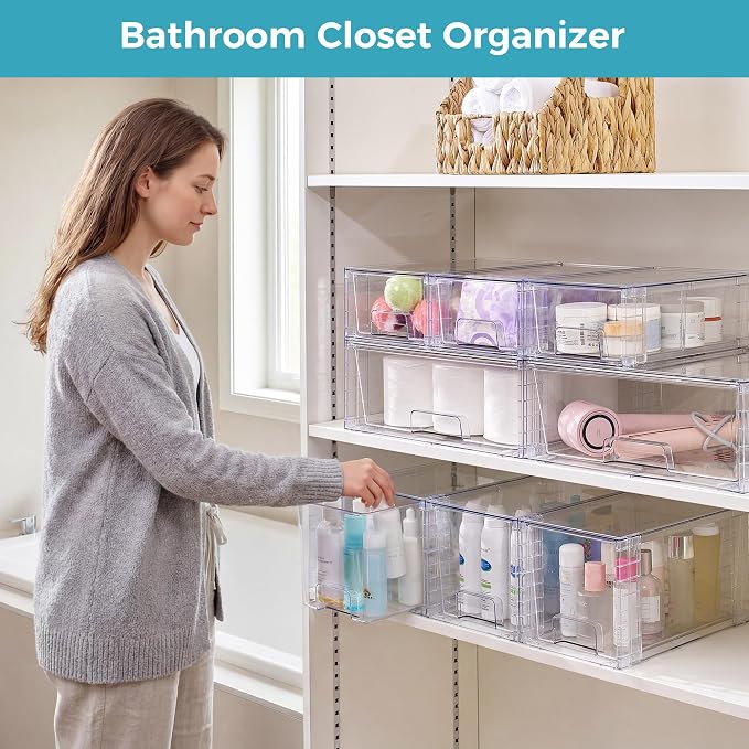 Vtopmart Clear Stackable Storage Drawers, 6 Pack Mixed Size Set | Wide, Medium and Small Pull-Out PET Drawers Provide Flexible Sorting Options for Cabinets, Closets, Pantry