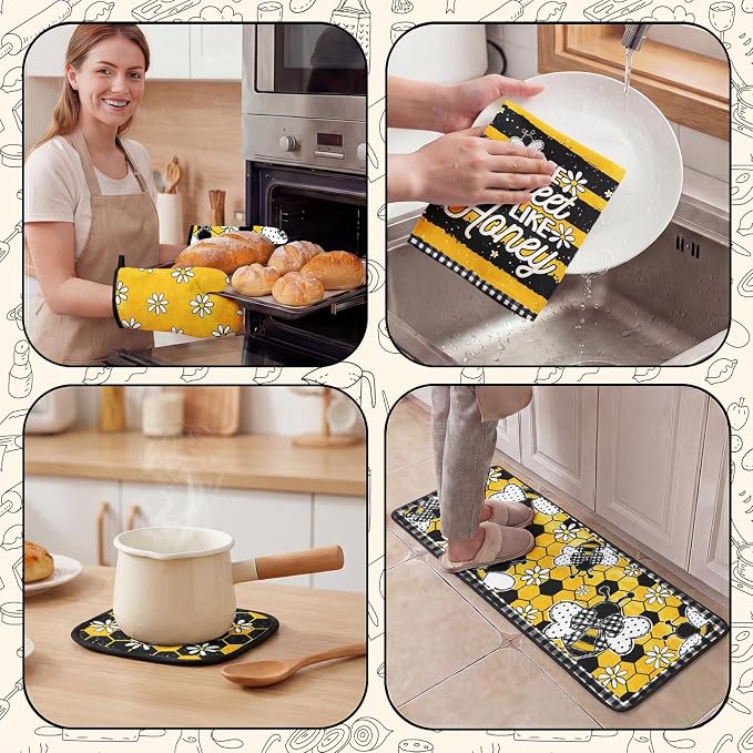 10 Pcs Kitchen Decor and Accessories Set, Bee Farmhouse | Honey Daisy Summer 4 Dish Towels Kitchen Rugs 2 Oven Mitts 2 Pot Holders, Home Decor for Cooking Baking BBQ Housewarming