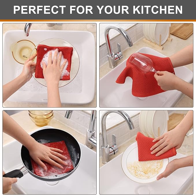 Kitinjoy 100% Cotton Waffle 6-Pack Kitchen Towels, 12" x 12", Brick Red | Ultra Absorbent, Super Soft, lightweight, Quick Drying Dish Rags for Washing Dishes