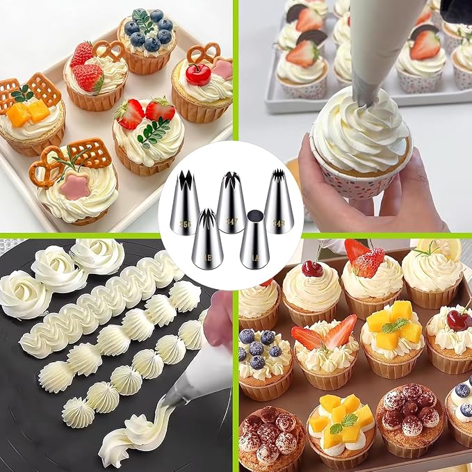 Extra Large Piping Tips, Seamless Stainless Steel Icing Piping Nozzle Tip Set, DIY Icing Nozzle Tool for Birthday Cake & Cupcakes, with a Cleaning Brush (1A 356 347 348 1E)