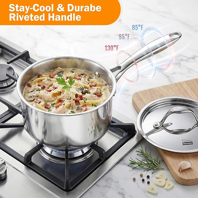 Cooks Standard Multi-Ply Clad 1.5 Quart Stainless Steel Saucepan with Lid, Small Kitchen Induction Cooking Sauce Pot Pan, Dishwasher & Oven Safe, Compatible with All Cooktops