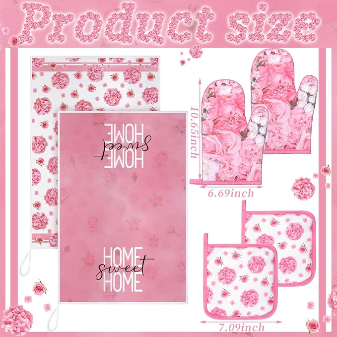 Leinuosen 8 Pcs Pink Rose Kitchen Towels and Dishcloths Sets Oven Mitts and Pot Holders Sets Absorbent Kitchen Gloves Potholders Heat Resistant for Chef Baking Cooking House Decorative Accessories