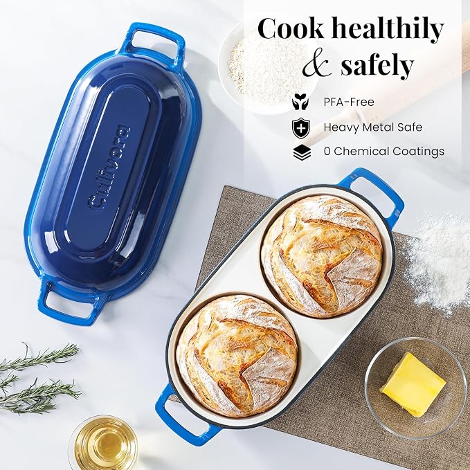 Cast Iron Bread Pan with Lid, Mini Enamel Sourdough Baking Dutch Oven Pot, Double Round Loaf Space for Homemade, Bread, Cake, Meatloaf, 16.5cm Diameter, 500°F Oven Safe, Non Stick, Blue