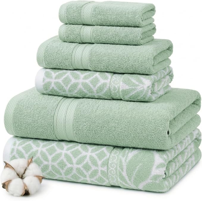 Modern Threads 6 Piece Bath Towel Set – Bathroom Set with 2 Bath Towels, 2 Hand Towels, and 2 Wash Cloths – 100% Cotton, Super Absorbent & Extra Soft – Reversible Botanical Vine (Sage Green)