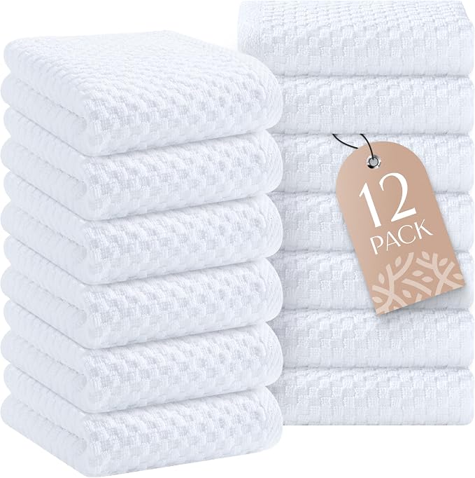 Super Absorbent Kitchen Towels 12 Pack - Premium 100% Cotton Kitchen Towels, 450GSM Thick Machine Washable White Dish Towels for Kitchen Drying, Cleaning, Dobby Weave, Unmatched Quality