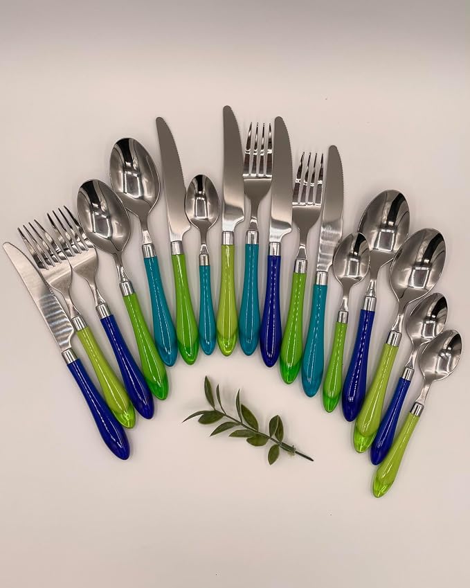 Gypsy Color Sea Green & Blue Mix & Match Stainless Steel Flatware Collection, Set of 16
