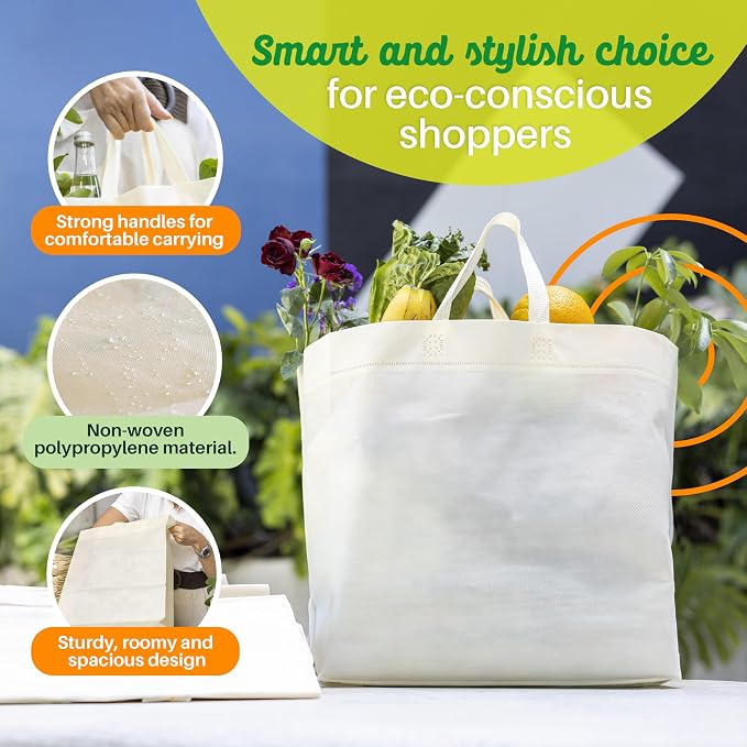 Simply Cool 50 Pack Reusable Grocery Bags, Medium Tote Bags Bulk, Cream | 12.6"x6.3"x11.8" Heavy Duty Non-woven Custom Shopping Bags with Handles, Foldable, Washable for Retail and Commercial use