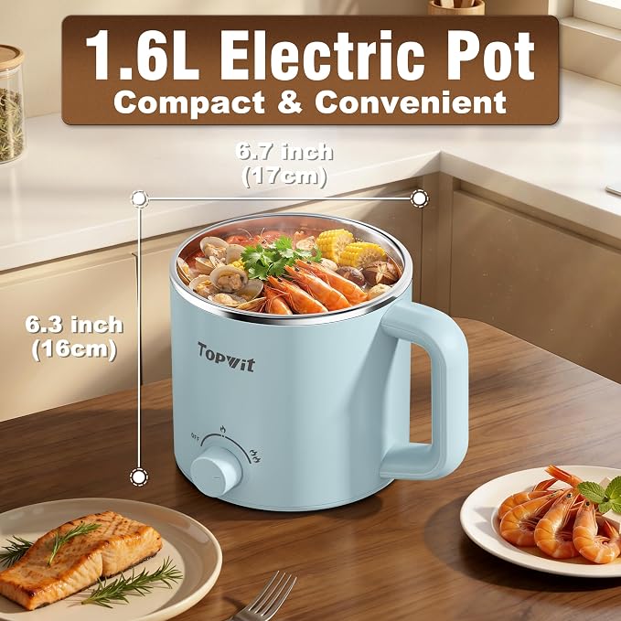 Topwit 1.6L Electric Pot, Ramen Cooker with 304 Stainless Steel Material | Dual Power Setting, Cooking for Hot Pot, Pasta, Oatmeal, Soup & Egg, Overheat & Boil-Dry Protection, for Dorm & Office