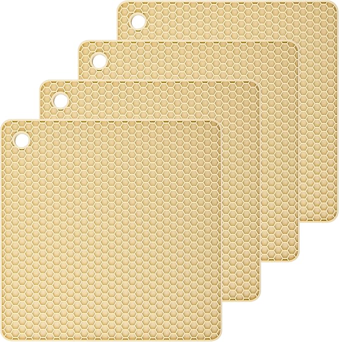 Silicone Trivets Mats Silicone Pot Mat for Countertop Trivet Pads Heat Resistant Table Placemats 4 Pack,Size:7.5x7.5 Inch, Shape: Square (Beige)