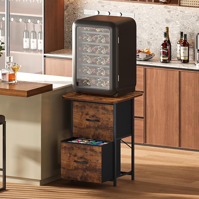 Snughome Mini Fridge Stand with Storage, Mini Fridge Cabinet Small Refrigerator Table Stand with Drawers, Heavy Duty 220 LBS, Compact Beverage Cooler Rack Shelf for Dorm, Apartment, Office Coffee Bar