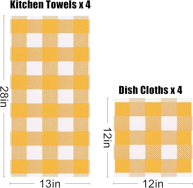 Homaxy Kitchen Towels and Dishcloths Set, Set of 8, White & Golden Yellow | Bulk Cotton Waffle Weave Check Plaid Kitchen Towels, Super Soft and Absorbent Dish Cloths, 12 x 12 and 13 x 28 Inches