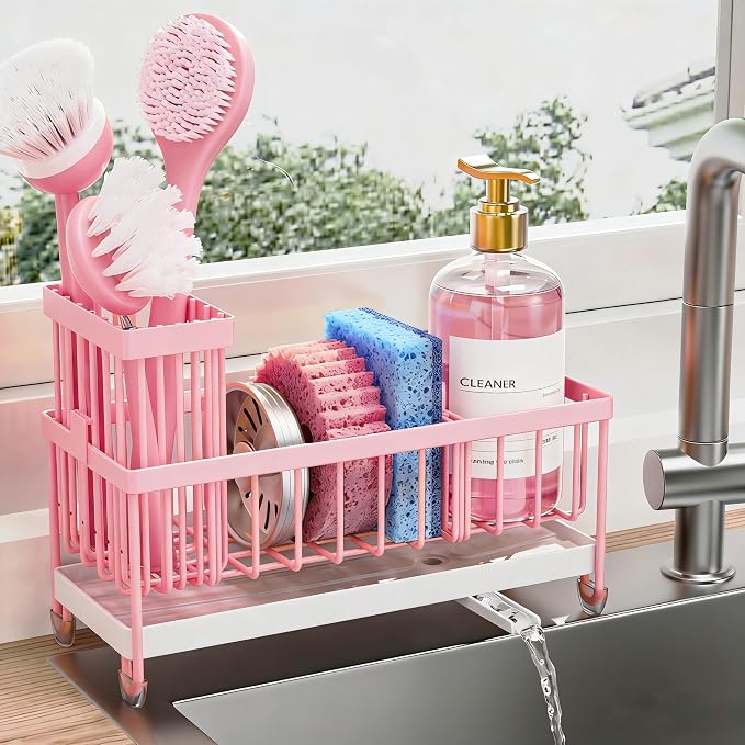 Cisily Sponge Holder for Kitchen Sink, Sink Caddy Organizer with High Brush Holder, Kitchen Countertop Organizers and Storage Essentials, Rustproof 304 Stainless Steel (Pink, 9.25″)