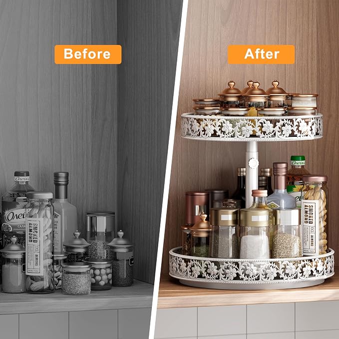 2 Tier Lazy Susan Organizer Turntable, 12 Inch, White | Adjustable, Easy Assembly & Cleaning, Two Tier Rotating Lazy Susan Spice Rack, For Cabinet Dining Table Kitchen Countertop
