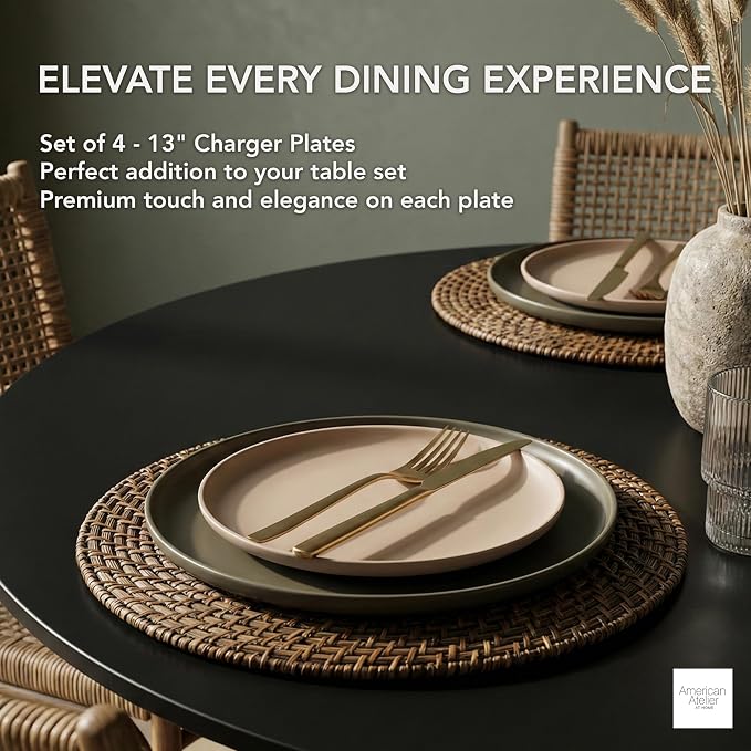 Rattan Plate Chargers, Brown, Round Woven, Set of 4 | Handwoven Natural Rattan With Warm Finish, 13x13in Round Fit For Dinner Plates, Durable Charger Set For Weddings & Banquets