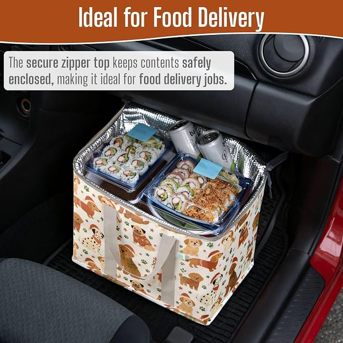 VENO 2 Pack Insulated Cooler Bag for Food Delivery, Reusable Grocery Bag | Heavy Duty Large Collapsible Cooler Shopping Tote w/ Zippers, Foldable, Stands Upright for Camping (Holiday Pups, 2 Pack)