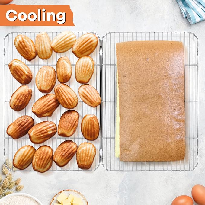 P&P CHEF Cooling Baking Rack Stainless Steel, 16.6" x 11.5", 2 Pcs, Silver | Cooling Racks for Cooking Baking Roasting Grilling Drying, Dense Wires & Smooth Edge, Easy to Clean